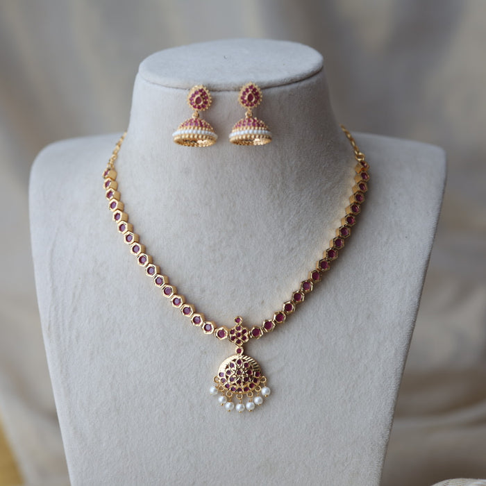 Heritage gold plated ruby stone short necklace with earrings RUB663