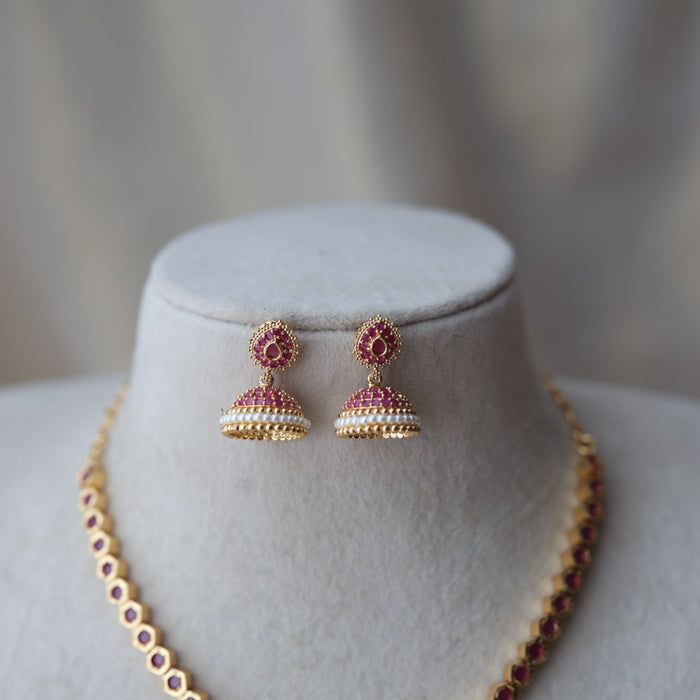 Heritage gold plated ruby stone short necklace with earrings RUB663