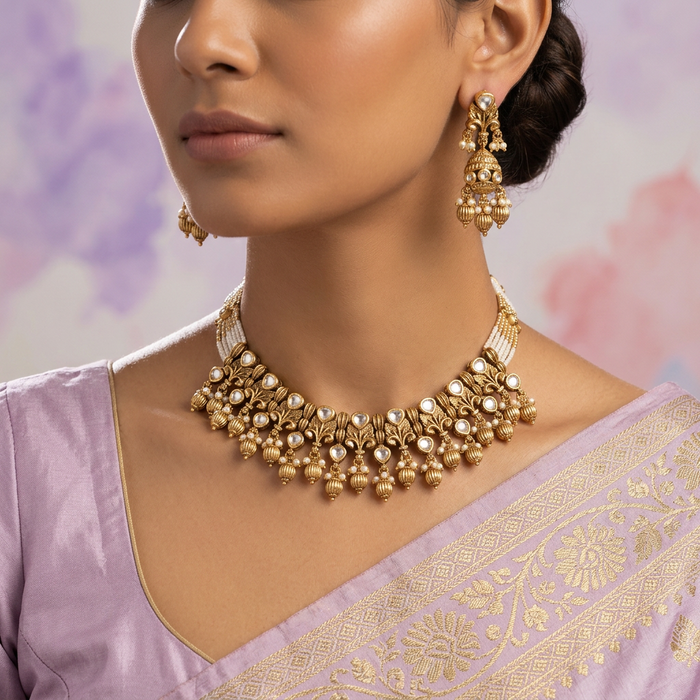 Antique white stone short necklace with earrings SS11350
