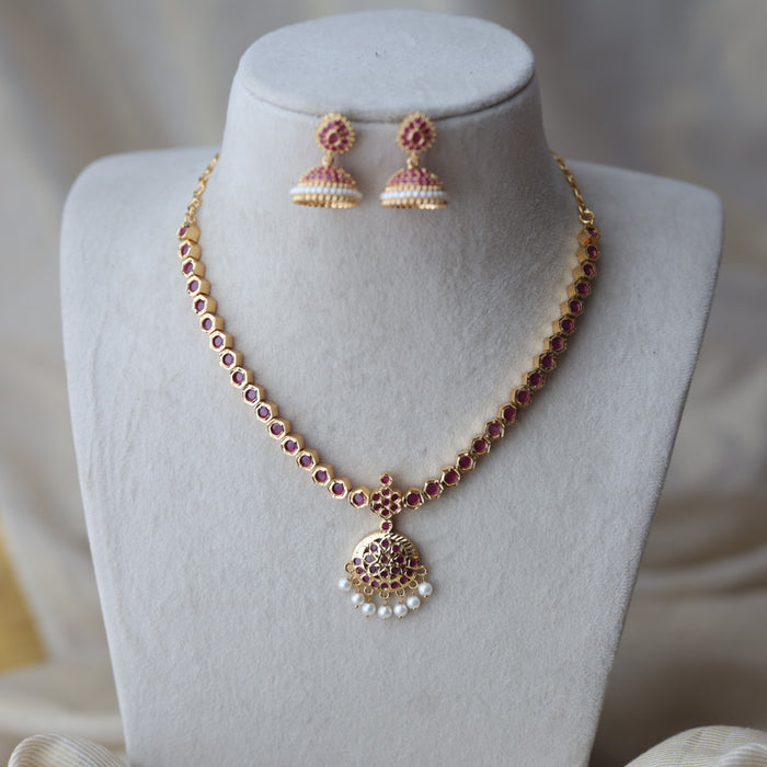 Heritage gold plated ruby stone short necklace with earrings RUB663