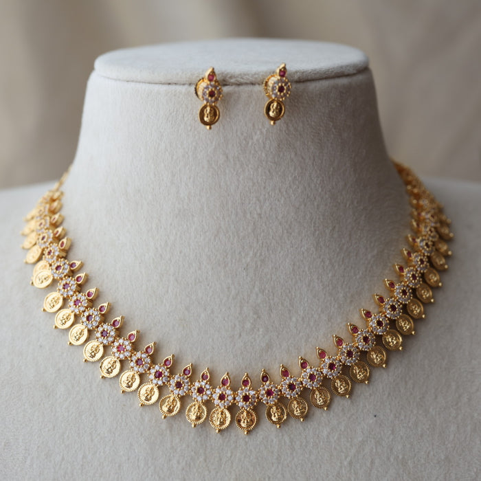 Heritage ruby white coin design short necklace and earrings H2844