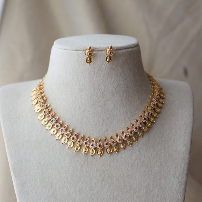 Heritage ruby white coin design short necklace and earrings H2844