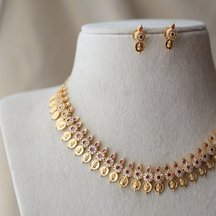 Heritage ruby white coin design short necklace and earrings H2844