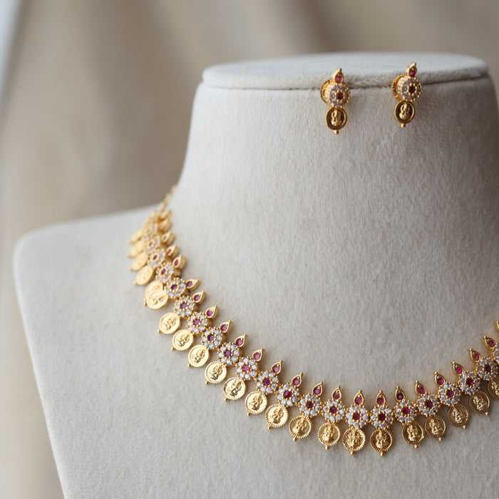 Heritage ruby white coin design short necklace and earrings H2844