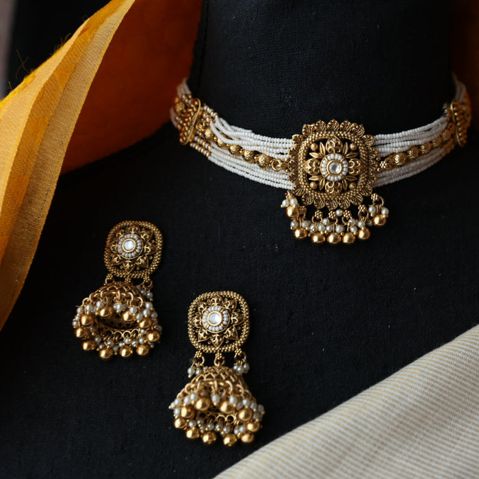 Antique white stone choker necklace with earrings CCB1345