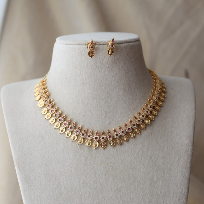 Heritage ruby white coin design short necklace and earrings H2844