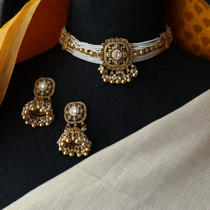Antique white stone choker necklace with earrings CCB1345
