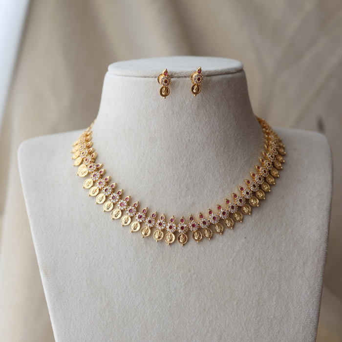 Heritage ruby white coin design short necklace and earrings H2844