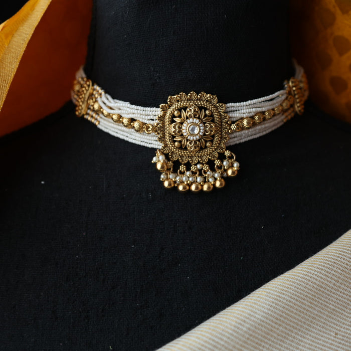 Antique white stone choker necklace with earrings CCB1345