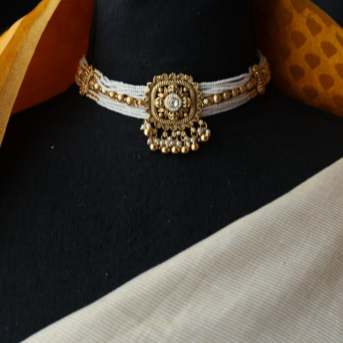 Antique white stone choker necklace with earrings CCB1345