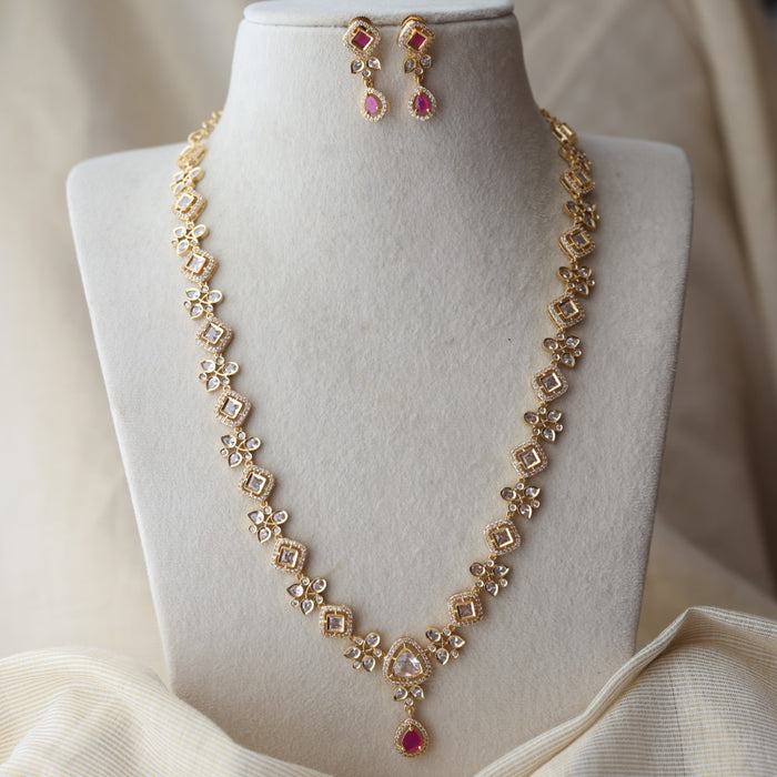 Heritage gold plated ruby white stone long necklace with earrings HL1723