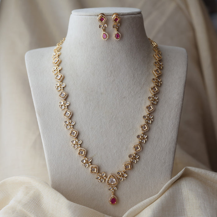 Heritage gold plated ruby white stone long necklace with earrings HL1723