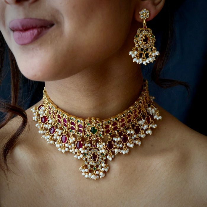Antique multi stone choker necklace with earrings CCB10018