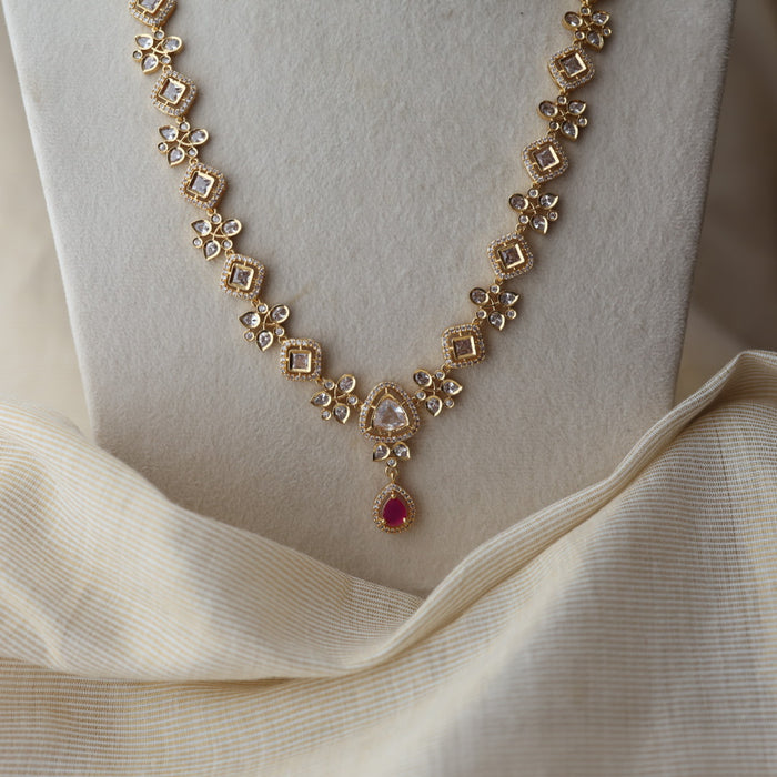 Heritage gold plated ruby white stone long necklace with earrings HL1723