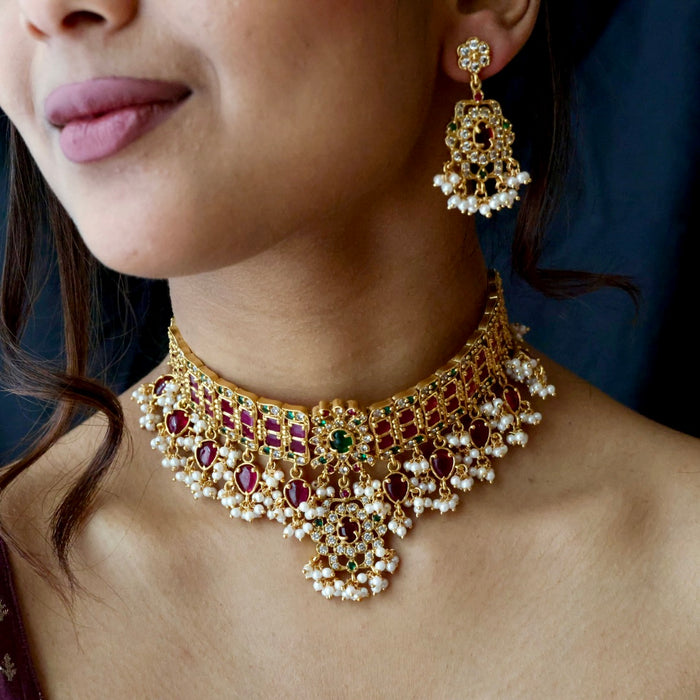 Antique ruby stone choker necklace with earrings CCB20067