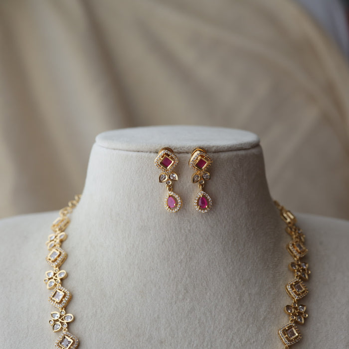 Heritage gold plated ruby white stone long necklace with earrings HL1723