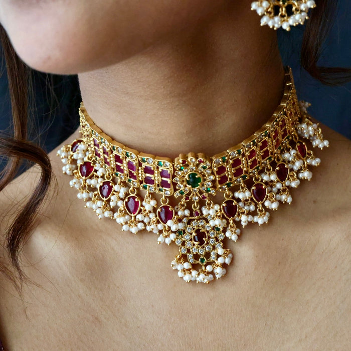 Antique ruby stone choker necklace with earrings CCB20067