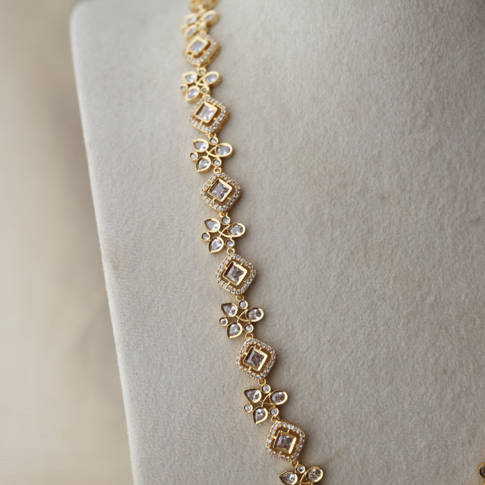 Heritage gold plated ruby white stone long necklace with earrings HL1723