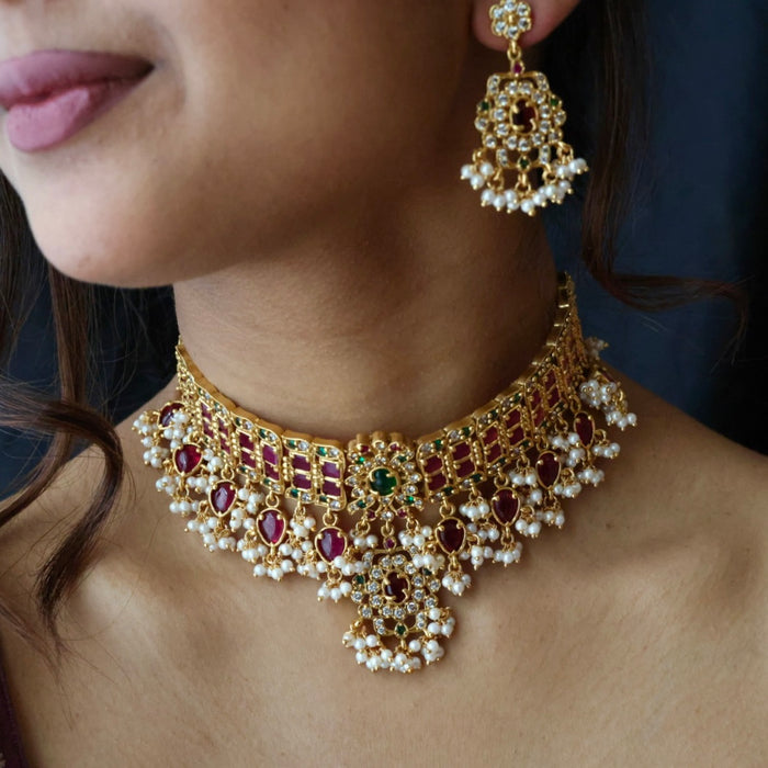 Antique ruby stone choker necklace with earrings CCB20067