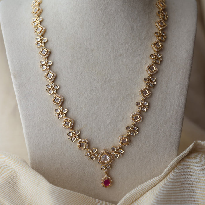 Heritage gold plated ruby white stone long necklace with earrings HL1723
