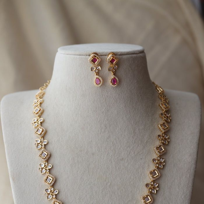 Heritage gold plated ruby white stone long necklace with earrings HL1723