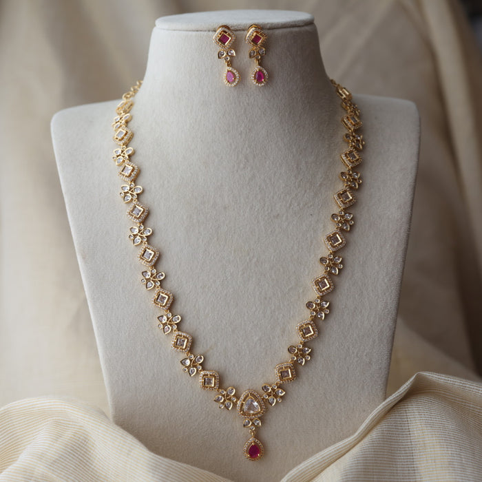 Heritage gold plated ruby white stone long necklace with earrings HL1723