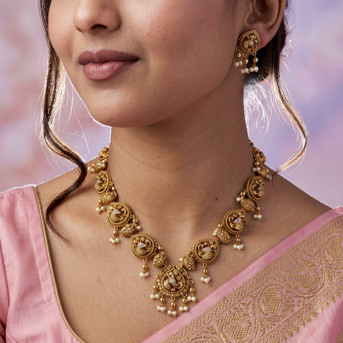 Antique temple design short necklace and earrings S1B13089