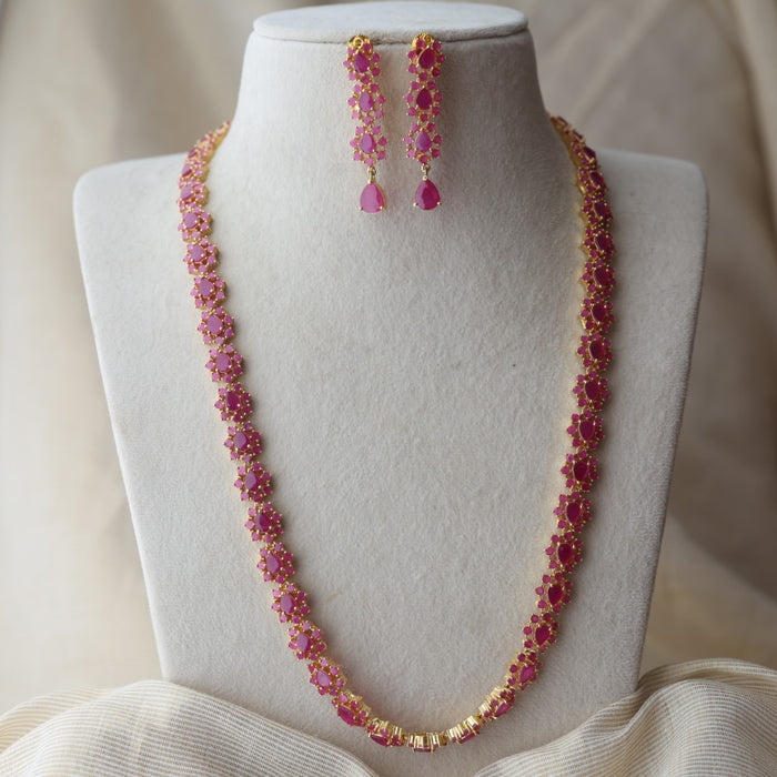 Heritage gold plated ruby stone long necklace with earrings RUB642