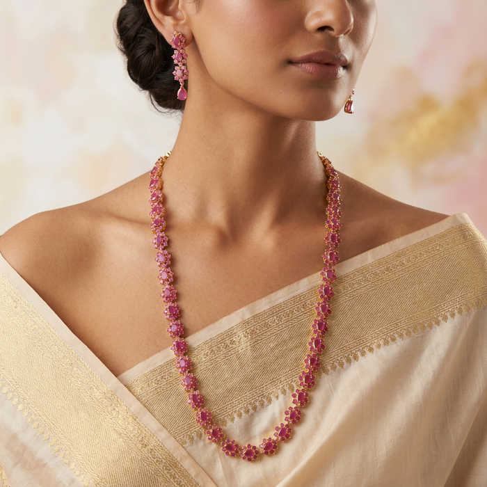 Heritage gold plated ruby stone long necklace with earrings RUB642