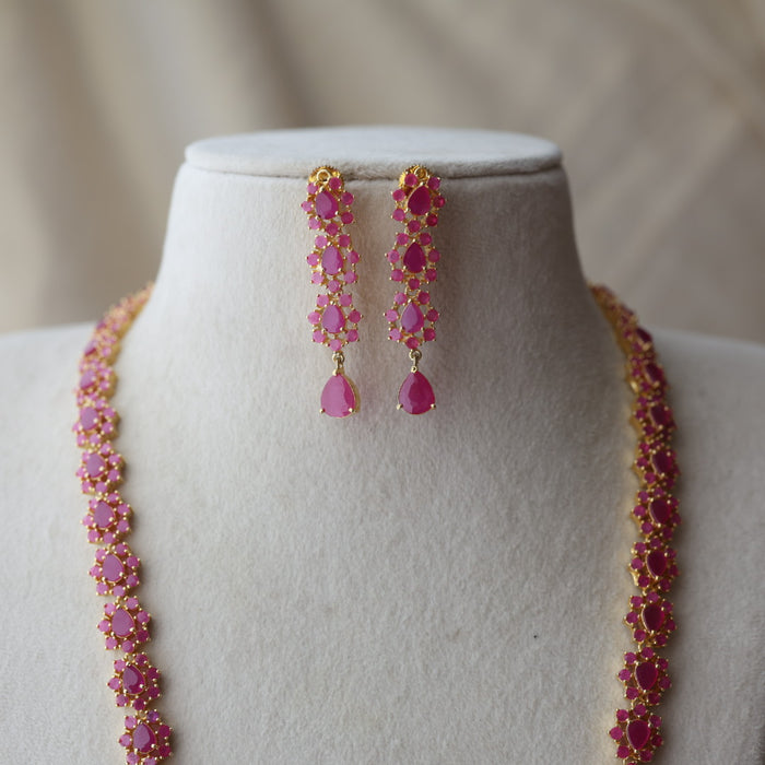 Heritage gold plated ruby stone long necklace with earrings RUB642