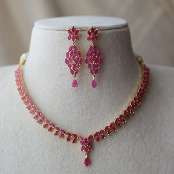 Heritage gold plated ruby stone short necklace with earrings RUB12642