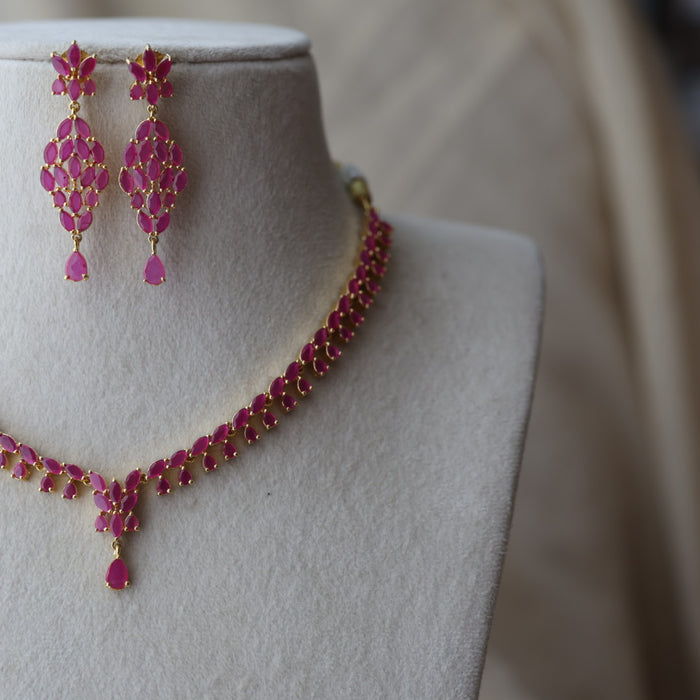 Heritage gold plated ruby stone short necklace with earrings RUB12642