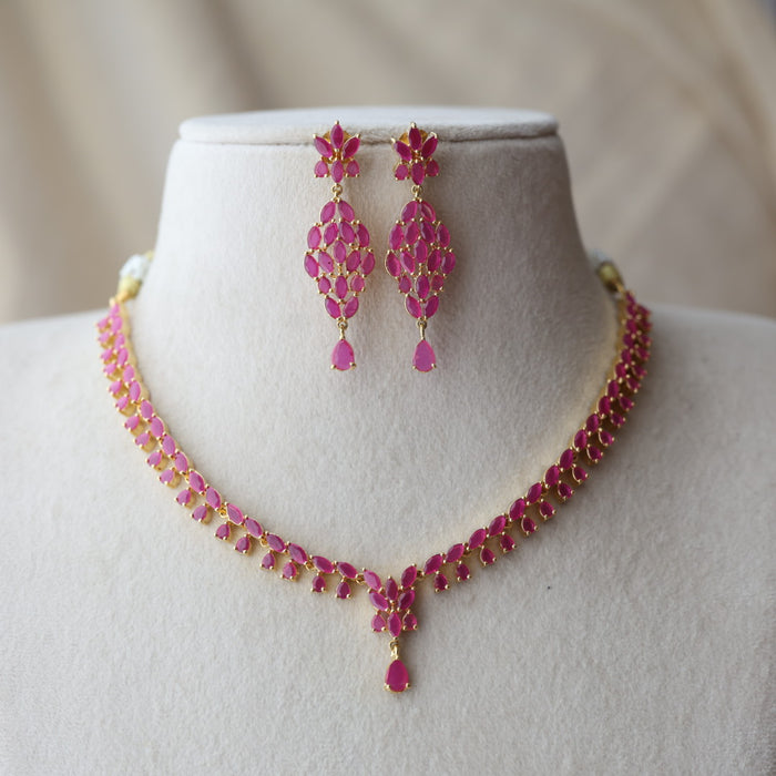 Heritage gold plated ruby stone short necklace with earrings RUB12642