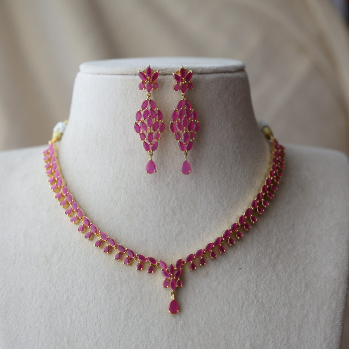Heritage gold plated ruby stone short necklace with earrings RUB12642