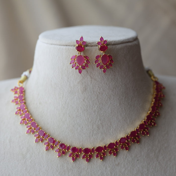 Heritage gold plated ruby stone short necklace with earrings RUB8667