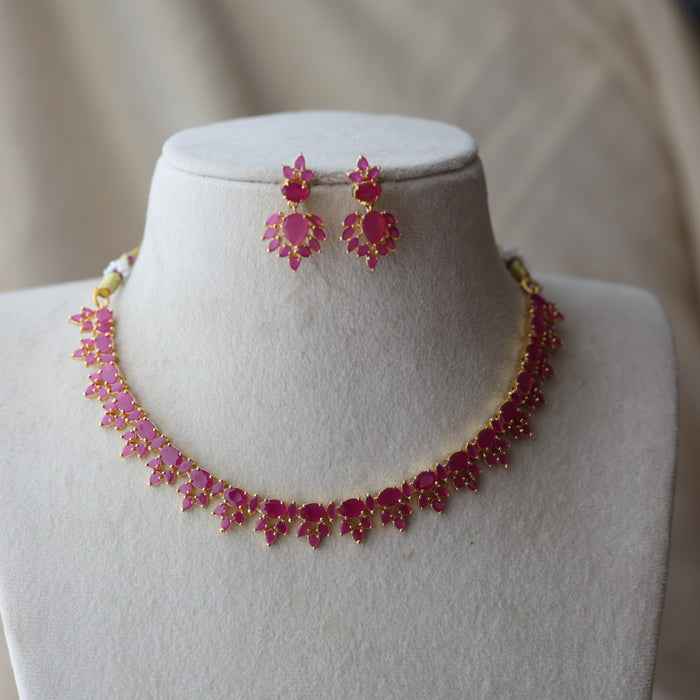 Heritage gold plated ruby stone short necklace with earrings RUB8667