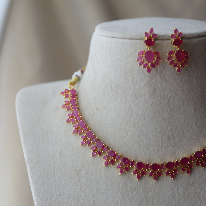 Heritage gold plated ruby stone short necklace with earrings RUB8667