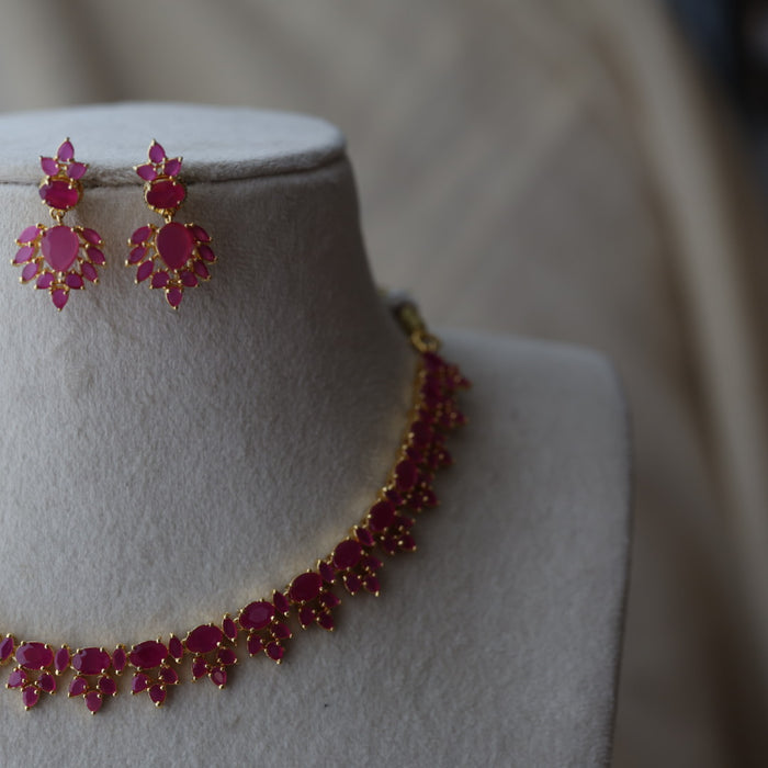 Heritage gold plated ruby stone short necklace with earrings RUB8667
