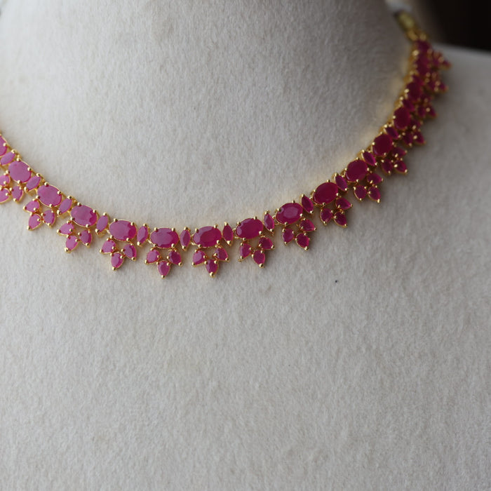 Heritage gold plated ruby stone short necklace with earrings RUB8667