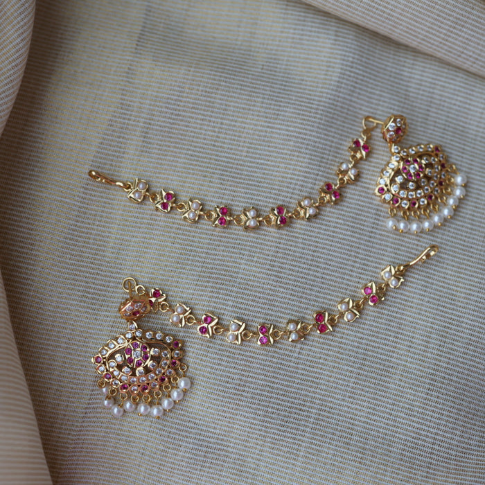 Heritage ruby white stone gold and pearl mattal ear accessories HM7659