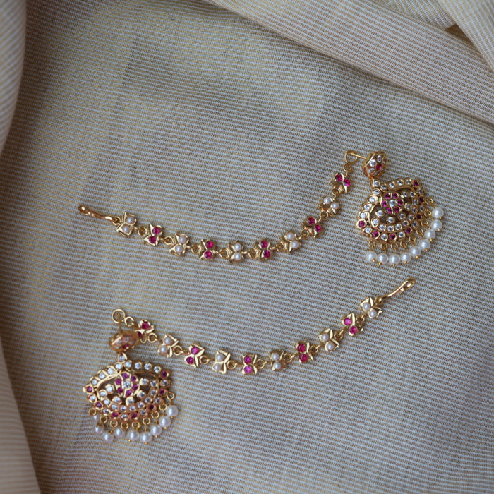 Heritage ruby white stone gold and pearl mattal ear accessories HM7659