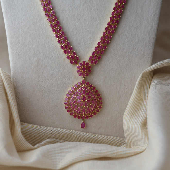Heritage gold plated ruby stone long necklace with earrings RUB9066