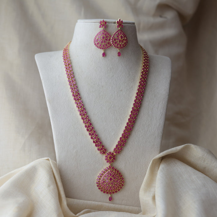 Heritage gold plated ruby stone long necklace with earrings RUB9066