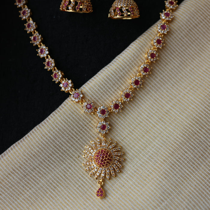 Heritage gold plated ruby white stone short necklace set with earrings H85531