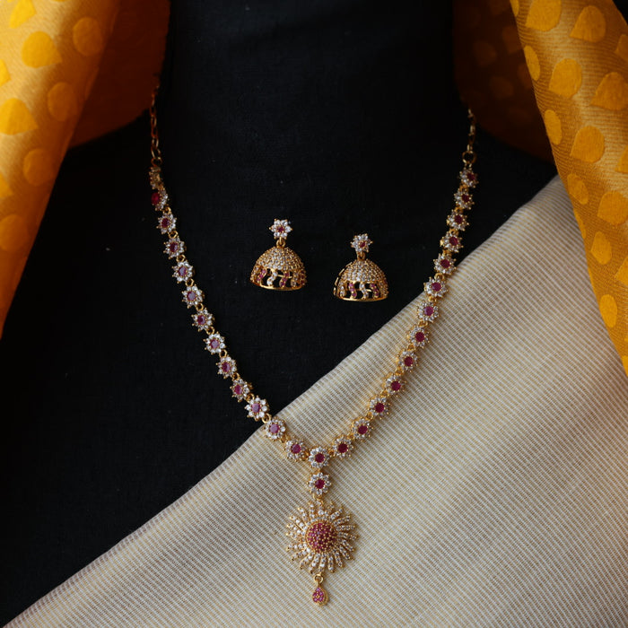 Heritage gold plated ruby white stone short necklace set with earrings H85531