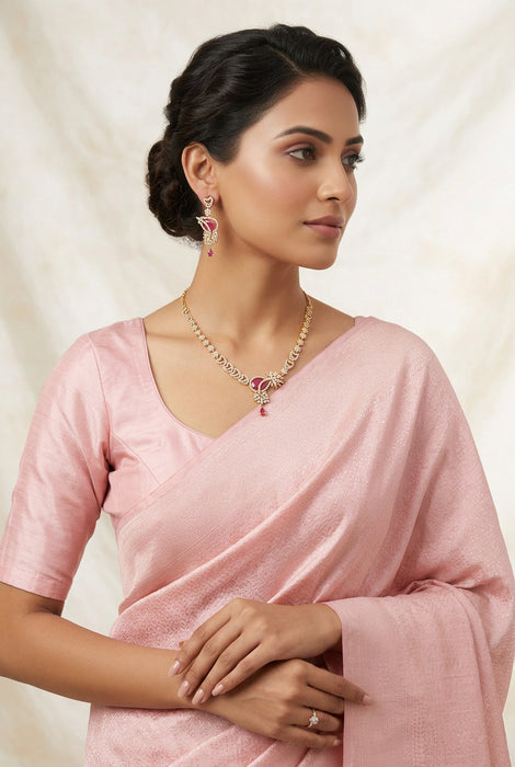 Heritage gold plated ruby white stone short necklace with earrings H7191