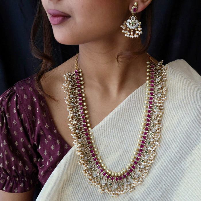 Antique ruby stone and pearl long necklace/ waistchain and earrings LL03189