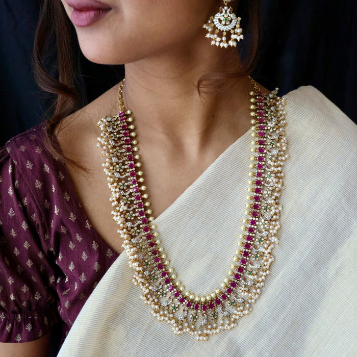 Antique ruby stone and pearl long necklace/ waistchain and earrings LL03189