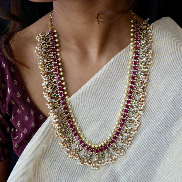 Antique ruby stone and pearl long necklace/ waistchain and earrings LL03189