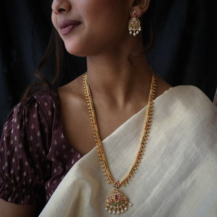 Heritage gold plated multi stone long necklace with earrings HL1111
